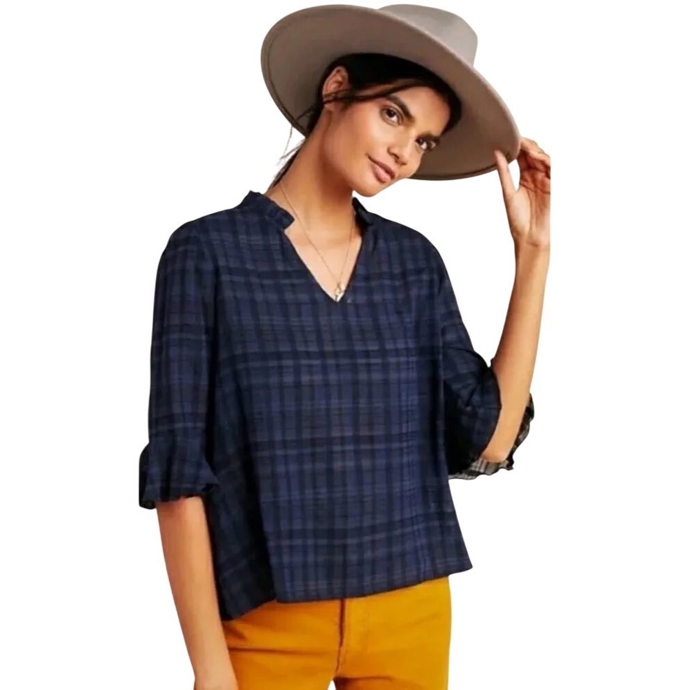 Dolan Left Coast Plaid Top Womens XL Navy Blue Ruffle‎ V-Neck Bell Sleeve Boho